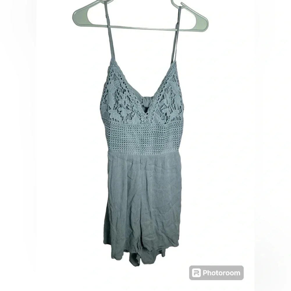 Ocean Drive Boho Romper Green Spaghetti Strap Back Tie Crochet Lace Top Size M